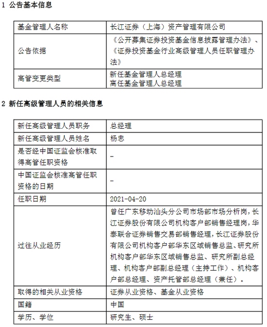 长江证券资管唐吟波因个人原因离任新任杨忠为总经理